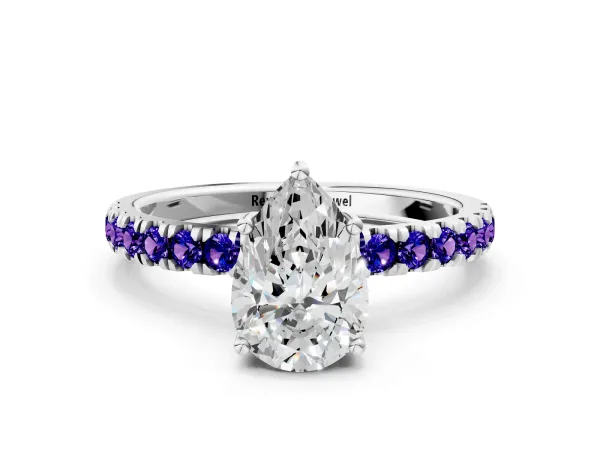 Pear Cut Diamond Pave Band Solitaire Ring with Round Tanzanite and Prong Setting White gold