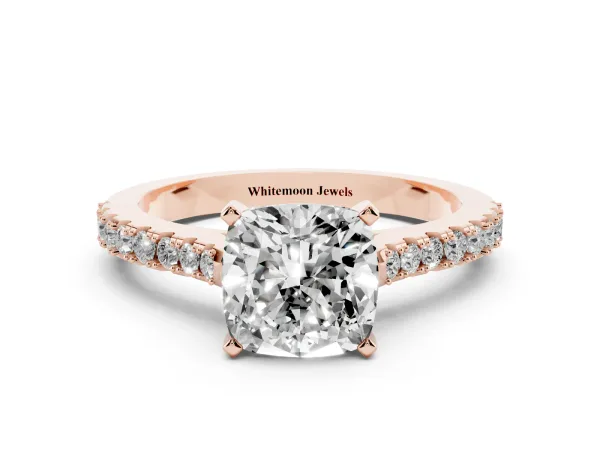 Cushion Cut Cut Solitaire Diamond Engagement Ring with Pave Band and Four-Prong Setting Rose gold