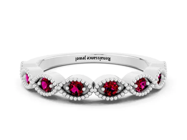 Milgrain Marquise Garnet Half Eternity Band with Bezel Setting Platinum