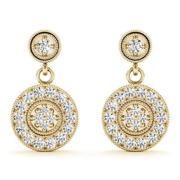 Round Halo Diamond Drop Earrings with Milgrain Bezel Setting Yellow gold