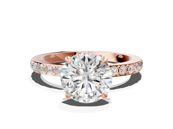 Round Cut Diamond Solitaire Engagement Ring with Pavé Band and Four-Prong Setting Rose gold