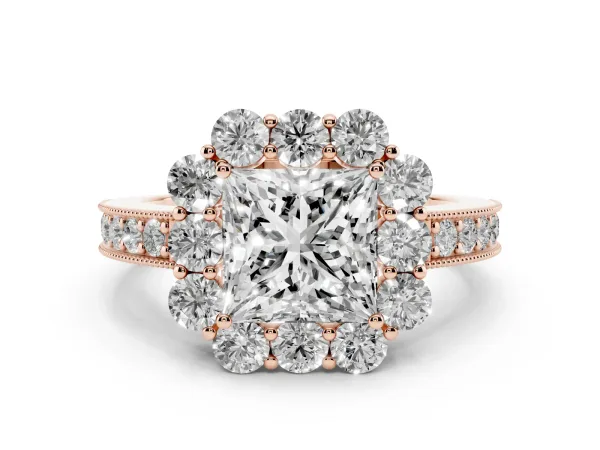 Princess Cut Cut Halo Diamond Pavé Engagement Ring with Milgrain Detailing Rose gold
