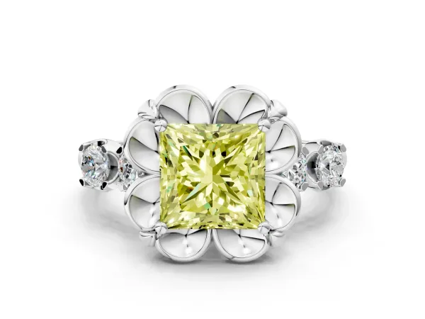 Fancy Yellow Princess Cut Cut Diamond Floral Halo Engagement Ring with Shared Prong Setting Platinum