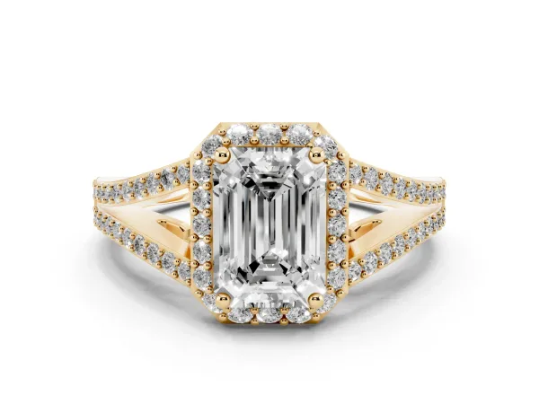Emerald Cut Halo Split Shank Pave Diamond Ring with Four-Prong Setting Yellow gold