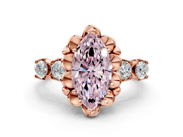Fancy Pink Marquise Cut Cut Diamond Floral Halo Engagement Ring with Shared Prong Setting Rose gold