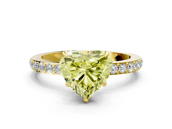 Fancy Yellow Heart Cut Diamond Solitaire Engagement Ring with Pavé Band and Four-Prong Setting Yellow gold