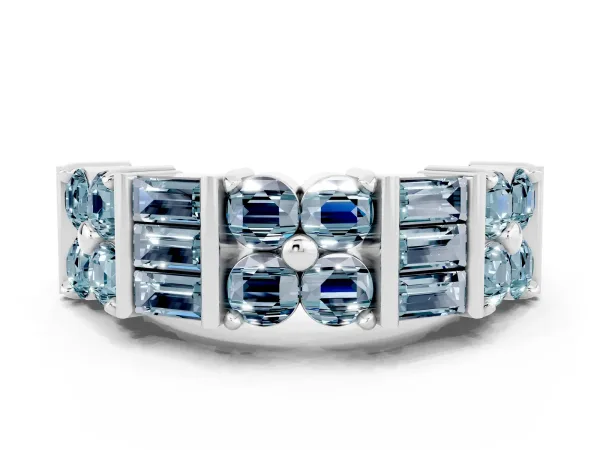 Channel Set Round and Baguette Aquamarine Anniversary Band with Prong Setting Platinum