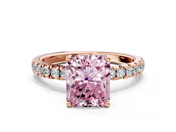 Fancy Pink Radiant Cut Diamond Pave Band Solitaire Ring with Round and Prong Setting Rose gold