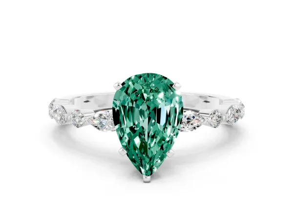 Pear Cut Green Sapphire Ring with Marquise and Round Side Stones and Four-Prong Setting White gold