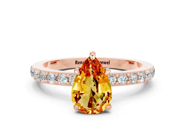 Pear Cut Citrine Solitaire Engagement Ring with Pavé Band and Four-Prong Setting Rose gold