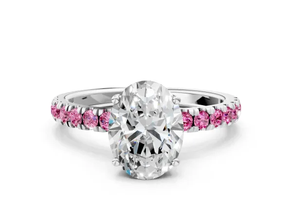 Oval Cut Diamond Pave Band Solitaire Ring with Round Pink Sapphire and Prong Setting White gold