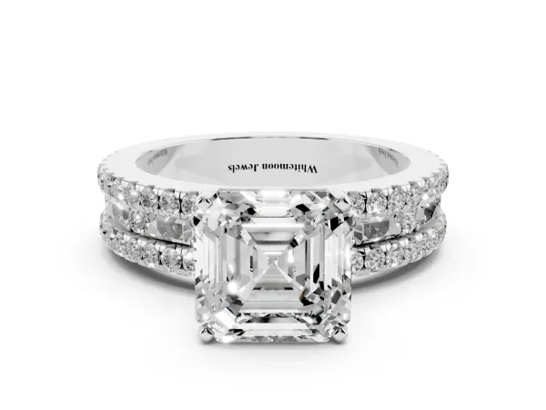 Asscher Cut Diamond Solitaire Ring with Pavé and Channel Set Band White gold
