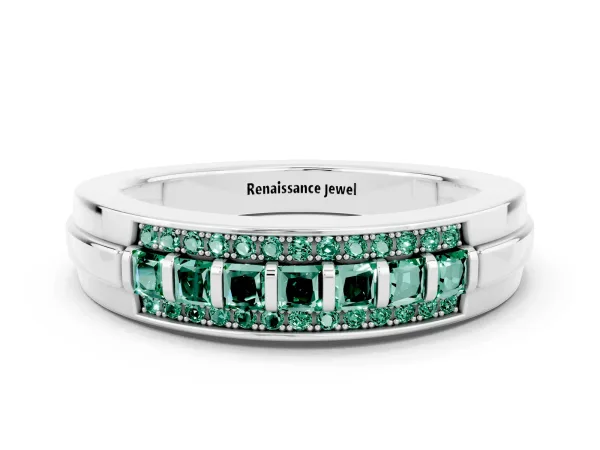 Bar-Set Princess Cut Green Sapphire Pavé Band Platinum