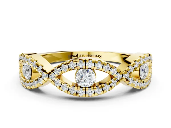 Round Diamond Marquise Halo Twist Band with Pavé Setting Yellow gold