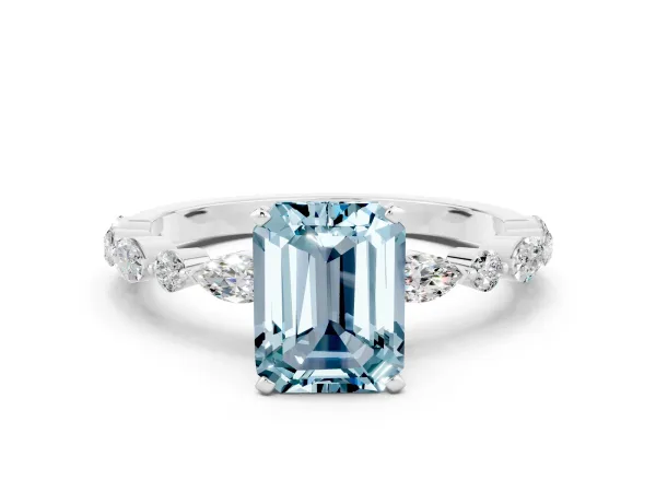 Emerald Cut Aquamarine Ring with Marquise and Round Side Stones and Four-Prong Setting White gold