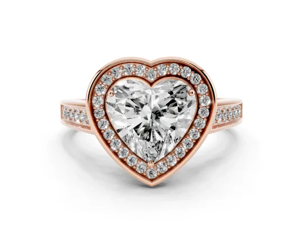 Heart Cut Halo Solitaire Diamond Ring with Pave Band and Bezel Setting Rose gold