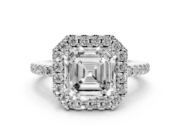 Asscher Cut Diamond Pavé Halo Ring with Four-Prong Setting Platinum