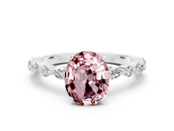 Oval Cut Morganite Ring with Marquise and Round Side Stones and Four-Prong Setting White gold