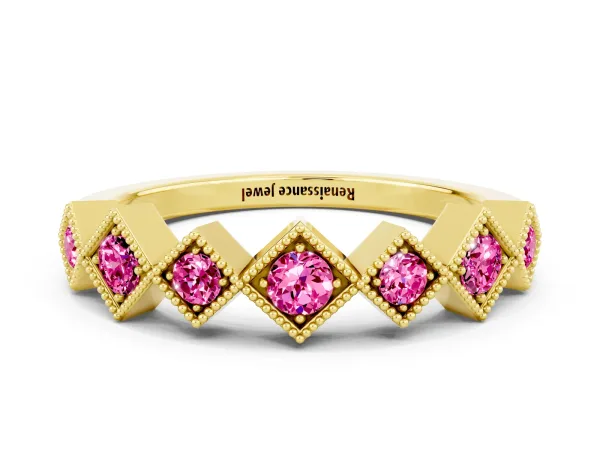 Milgrain Square Bezel Round Pink Sapphire Chevron Band Yellow gold
