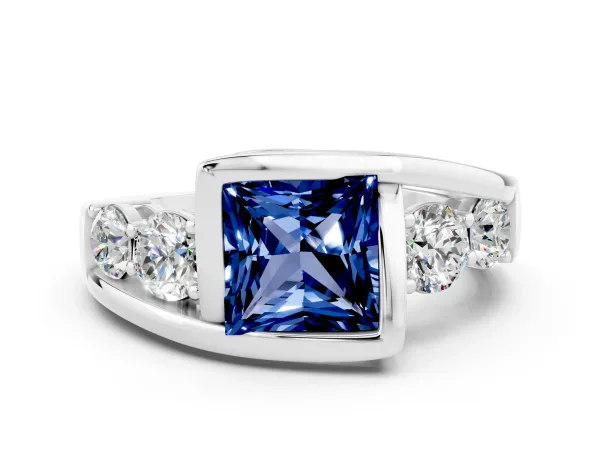 Bezel Set Princess Cut Blue Sapphire Bypass Ring with Round Accents Platinum
