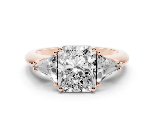 Three-Stone Radiant Cut Diamond Engagement Ring with Trillion Side Stones and Prong Setting Rose gold