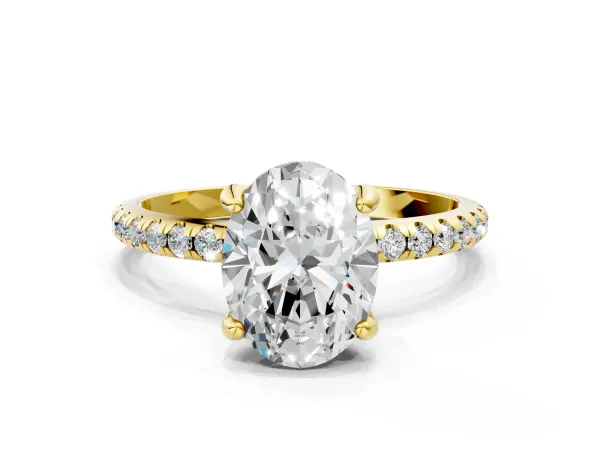Oval Cut Diamond Hidden Halo Engagement Ring with Round Pavé Band and Prong Setting Yellow gold