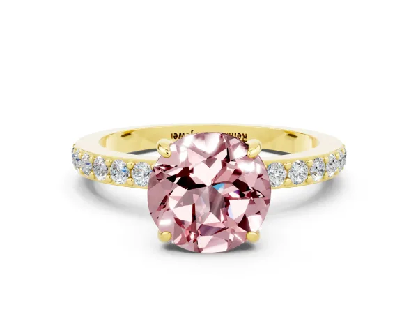 Round Cut Morganite Solitaire Engagement Ring with Pavé Band and Four-Prong Setting Yellow gold