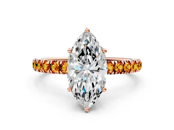 Marquise Cut Diamond Pave Band Solitaire Ring with Round Citrine and Prong Setting Rose gold