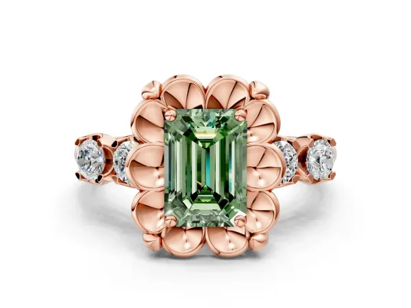 Fancy Green Emerald Cut Cut Diamond Floral Halo Engagement Ring with Shared Prong Setting Rose gold