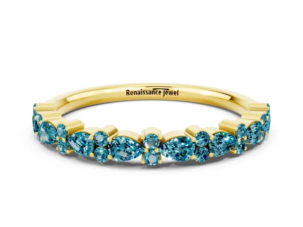 Pear and Round Blue Topaz Wedding Band Yellow gold