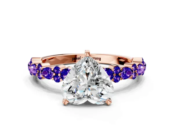 Heart Cut Diamond Side Stone Solitaire Ring with Round Tanzanite and Four-Prong Setting Rose gold