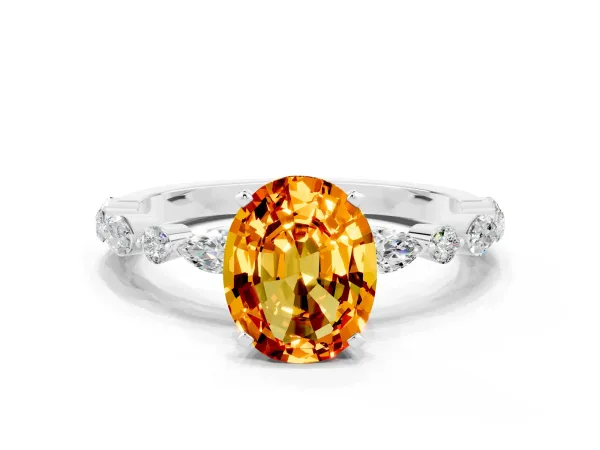 Oval Cut Citrine Ring with Marquise and Round Side Stones and Four-Prong Setting White gold
