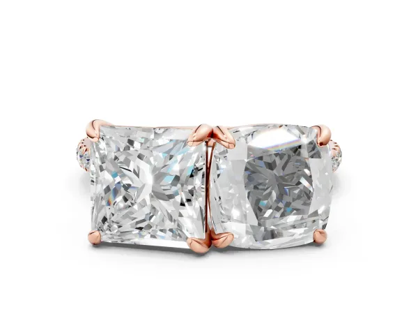 Cushion and Princess Toi Moi Ring with Prong Setting and Pave Band Rose gold