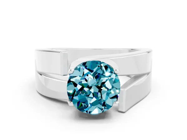 Modern Tension Set Round Cut Blue Topaz Solitaire Wide Band Ring Platinum
