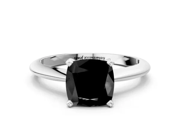 Fancy Black Cushion Cut Diamond Solitaire Engagement Ring with Classic Band and Four-Prong Setting Silver