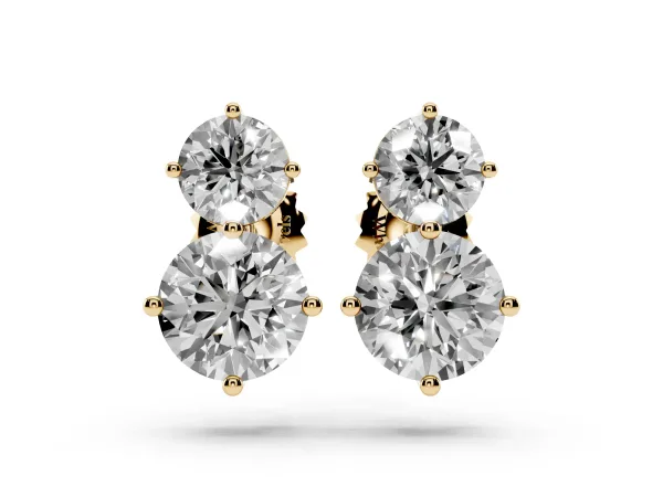 Round Cut Diamond Two Stone Stud Earrings Yellow gold