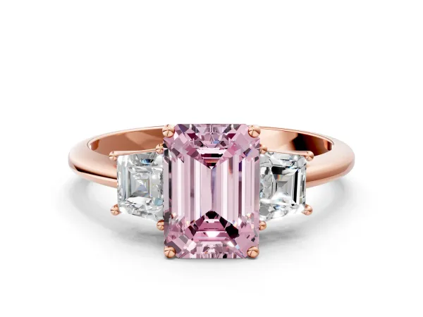 Fancy Pink Emerald Cut Diamond Three-Stone Ring with Trapezoid Side Stones and Prong Setting Rose gold
