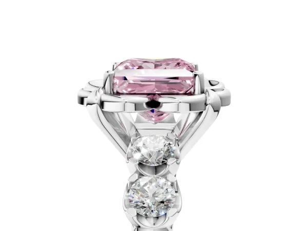Fancy Pink Princess Cut Cut Diamond Floral Halo Engagement Ring with Shared Prong Setting Silver