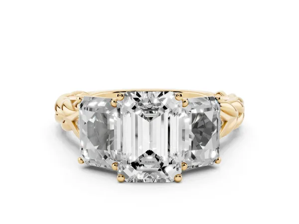 Three-Stone Emerald Cut Diamond Braided Band Ring with Four-Prong Setting Yellow gold