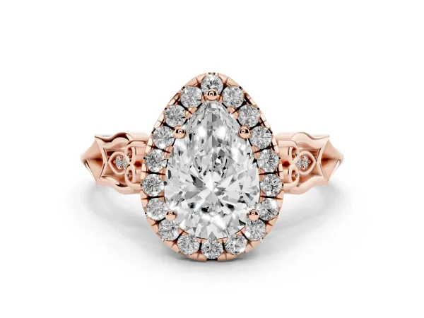 Pear Cut Halo Diamond Engagement Ring with Filigree Band and Four-Prong Setting Rose gold