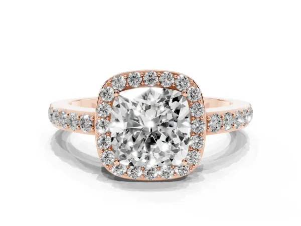 Cushion Cut Halo Diamond Pavé Band Ring with Prong Setting Rose gold