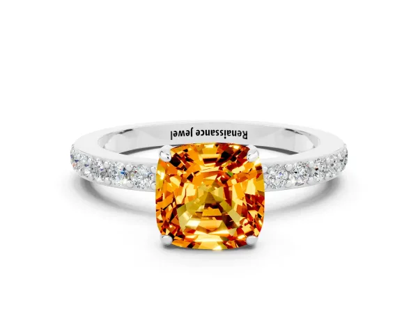 Cushion Cut Citrine Solitaire Engagement Ring with Pavé Band and Four-Prong Setting Platinum
