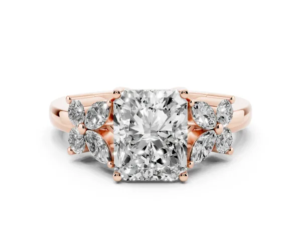 Radiant Cut Diamond Floral Cluster Ring with Solitaire Band and Prong Setting Rose gold