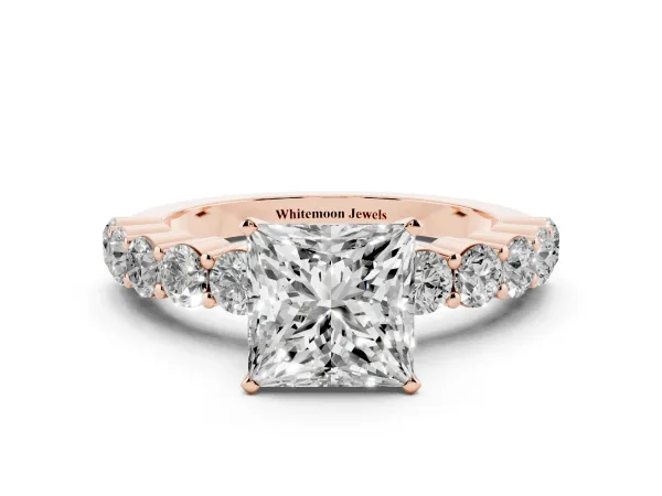 Princess Cut Diamond Solitaire Ring with Shared Prong Round Side Stones Rose gold