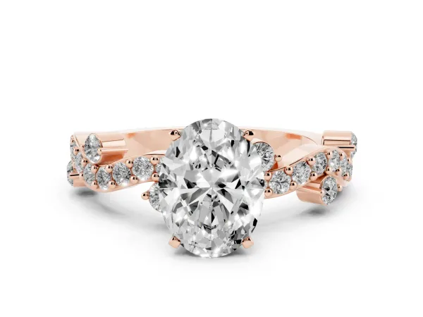 Oval Cut Cut Solitaire Diamond Twisted Band with Pave Setting Rose gold