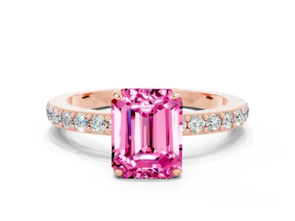 Emerald Cut Pink Sapphire Solitaire Engagement Ring with Pavé Band and Four-Prong Setting Rose gold