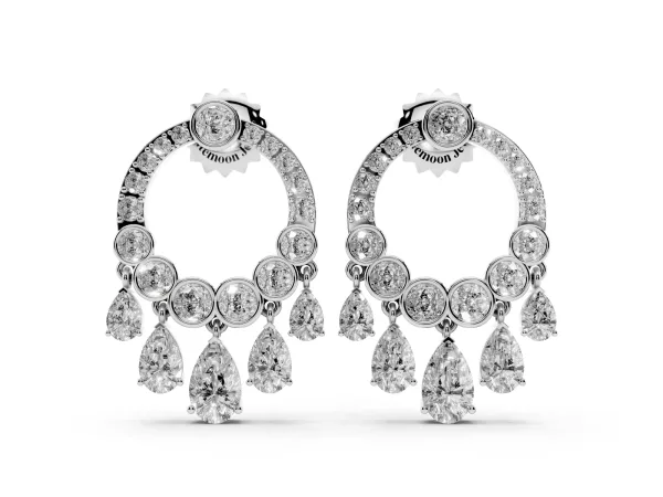 Round and Pear Diamond Dangle Earrings White gold