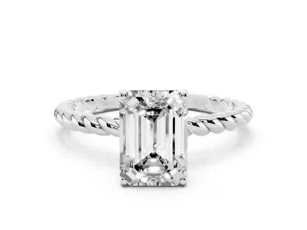 Emerald Cut Solitaire Twist Band Ring with Four-Prong Setting Platinum