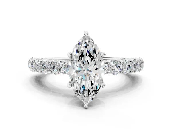 Marquise Cut Diamond Solitaire Ring with Shared Prong Pavé Band and Four-Prong Setting Silver