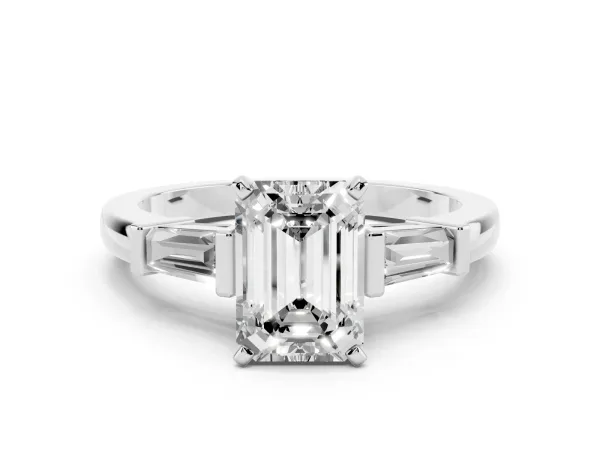 Emerald Cut Cut Diamond Solitaire Ring with Tapered Baguette Accents and Four-Prong Setting White gold